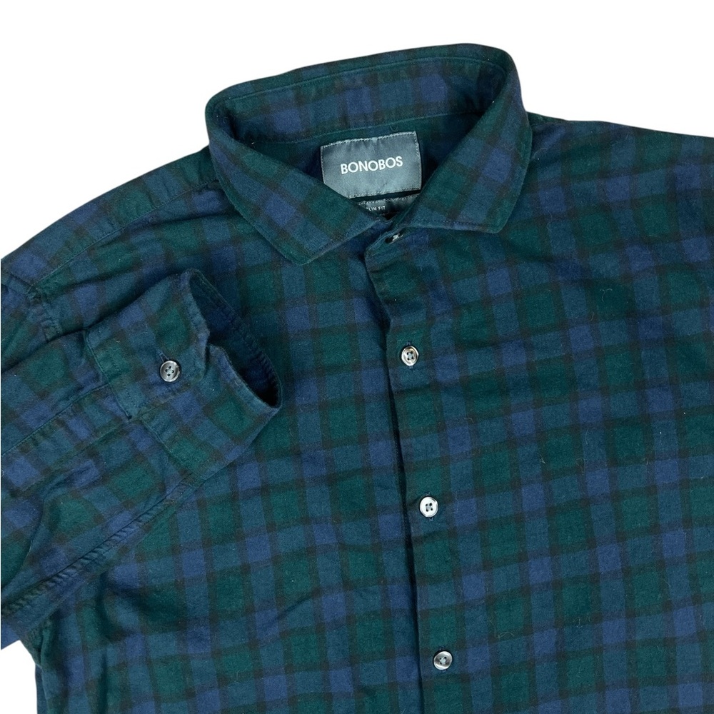 Bonobos Flannel Plaid Shirt Mens Medium Slim Fit Blue Green Outdoors 100% Cotton